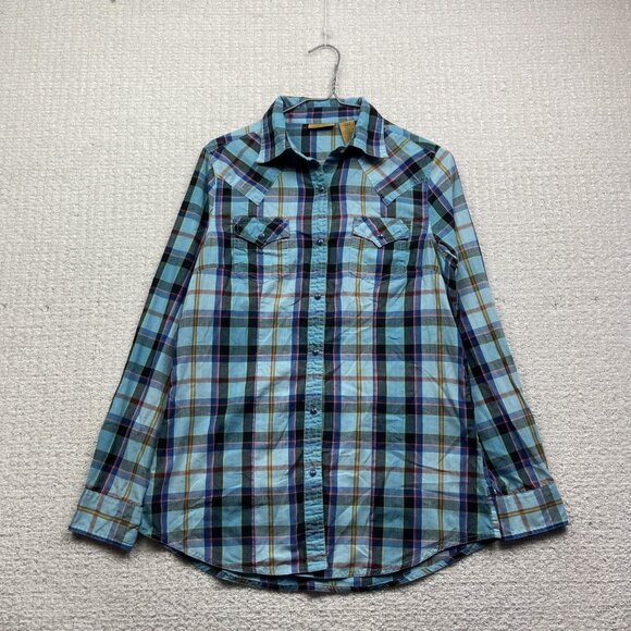 Wrangler Shirt Womens S Blue Plaid Retro Western Pearl Snap Long Sleeve Boho - Picture 1 of 13